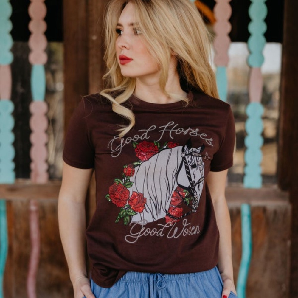 Good Horses Brown Tee with Red Rose Design